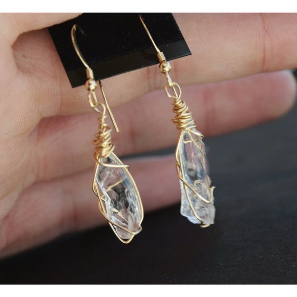 Large Dangle Earrings, Large Gold Wire Wrapped Earrings, Gift for Bride - Picture 4 of 4
